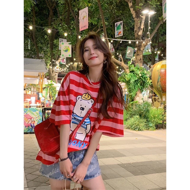 Áo Thun Ngắn Tay Họa Tiết Sọc Ngang Thời Trang Dành Cho Nữ