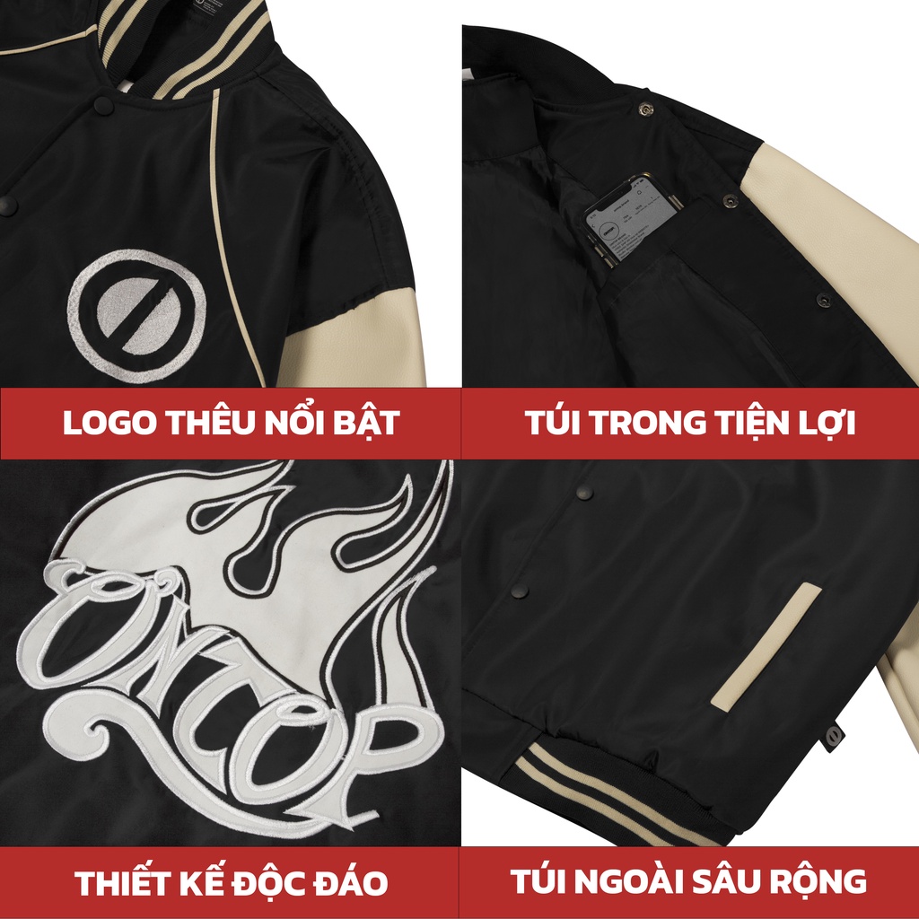 Áo Khoác Varsity tay Da màu kem, full Thêu local brand ONTOP Immortal Varsity Jacket O15-AK2