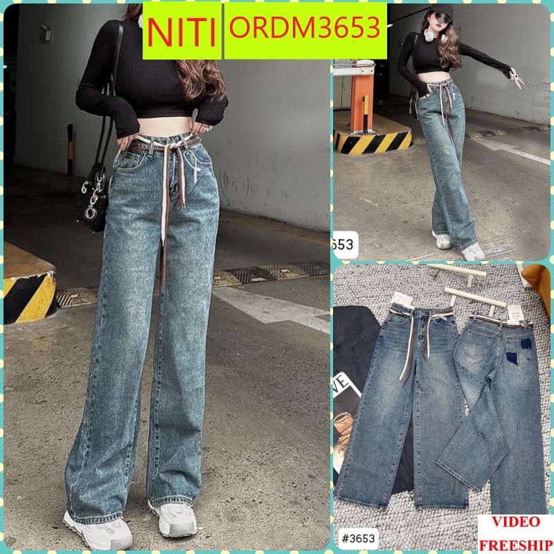 [ORDM3653] QUẦN JEANS ỐNG RỘNG NỮ LƯNG CAO 2 DÂY TRẮNG NÂU MÀU XANH ĐẬM BỤI DƠ LAI CUỐN PHỐI TÚI RÁCH KIỂU PHÍA SAU ĐỈN