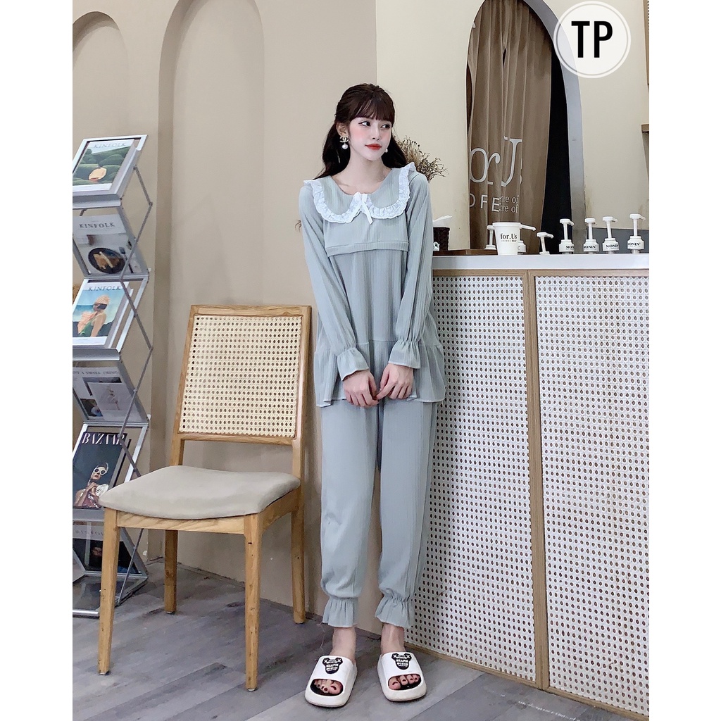 Bộ bầu &amp; sau sinh mùa đông chất cotton len tăm cổ sen ren có chun chỉnh tiện lợi