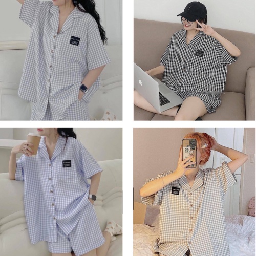 Set Đồ Bộ Nữ Mặc Nhà Kẻ Caro Form Rộng Set Áo Sơ Mi Tay Ngắn Và Quần Short Lưng Thun Basic 3 Màu Xanh Đen Xám GUAR 8131