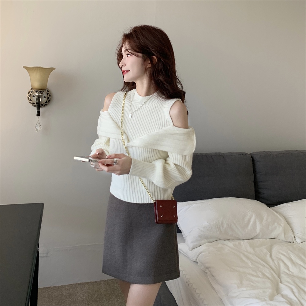 Áo dệt kim tay dài cổ tròn hở vai thời trang Hàn Quốc 2023 cho nữ