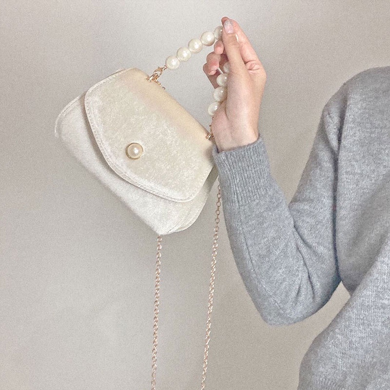 MISCHA Túi Đeo Vai Màu Trơn Chất Liệu Nhung Đính Ngọc Trai Thời Trang Cho Nữ