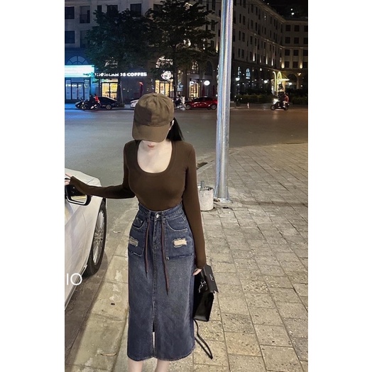 Chân váy jeans rách túi kèm dây siêu hot