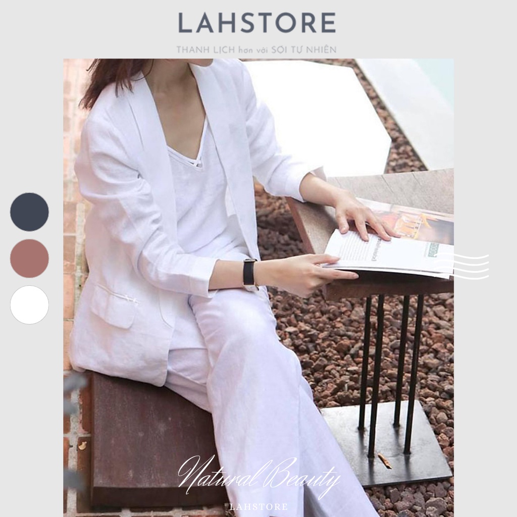 Áo blazer nữ linen LAHSTORE thiết kế 1 lớp ve tròn túi bổ 1 khuy, kiểu dáng công sở sang trọng (Trắng)