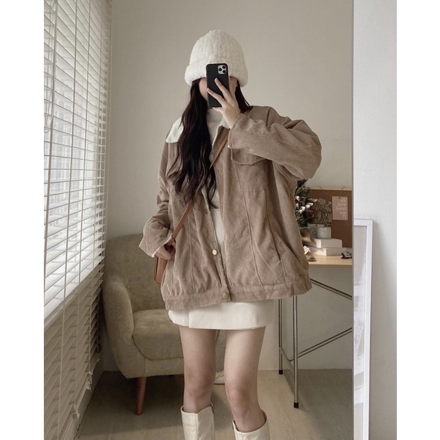 Áo khoác nhung tăm nót lông from rộng over size chất dày dặn 3 màu YANSOO