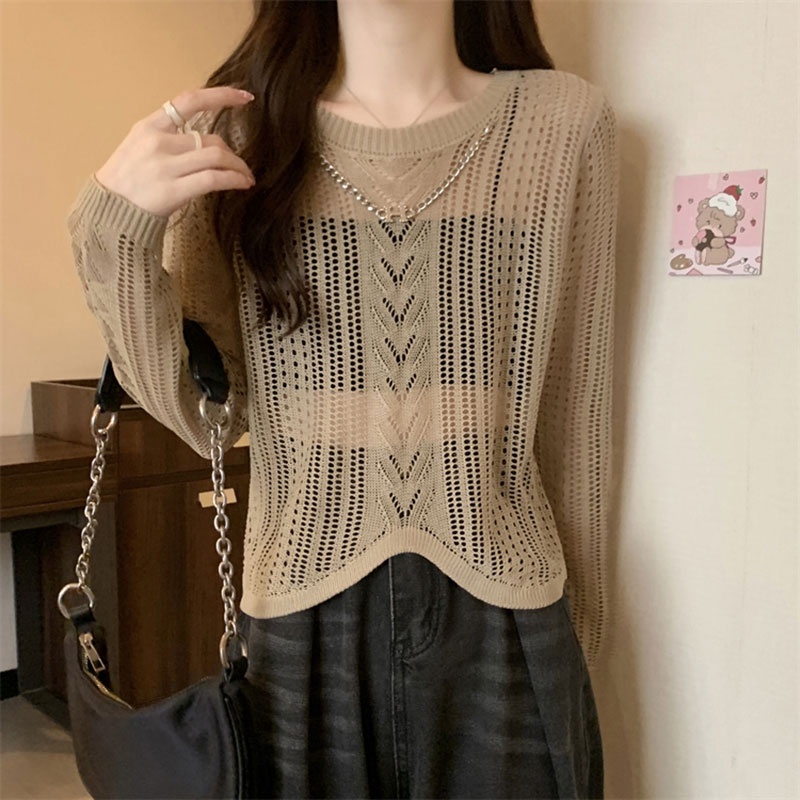 Áo Dệt Kim Tay Dài Cổ Tròn Họa Tiết Kẻ Sọc Thiết Kế Bất Đối Xứng Thời Trang Hàn Quốc Cho Nữ