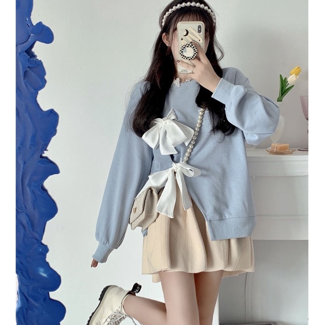 Set bộ áo thun nữ dài tay thu đông thắt nơ và chân váy xỏe phong cách Hàn Quốc