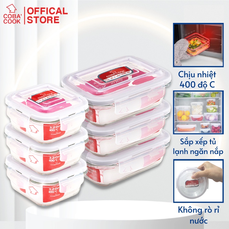 Bộ 6 hộp thủy tinh đựng thực phẩm hình vuông 320 ml và chữ nhật 370 ml- CCL3S36