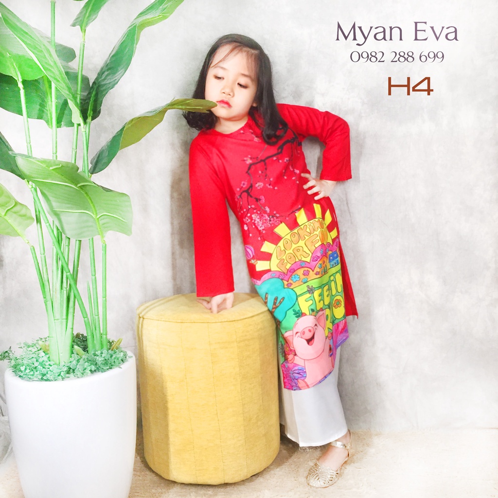 Áo dài in họa tiết vui nhộn cho bé gái từ 4 đến 8 tuổi
