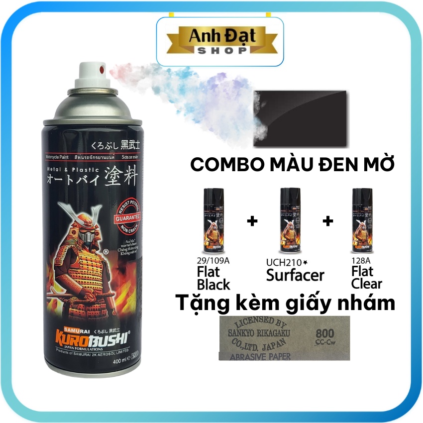 Sơn xịt samurai màu đen mờ 109A ( đen nhám), có khả năng kháng xăng (A92, A95) chống rạn nứt, bình xịt