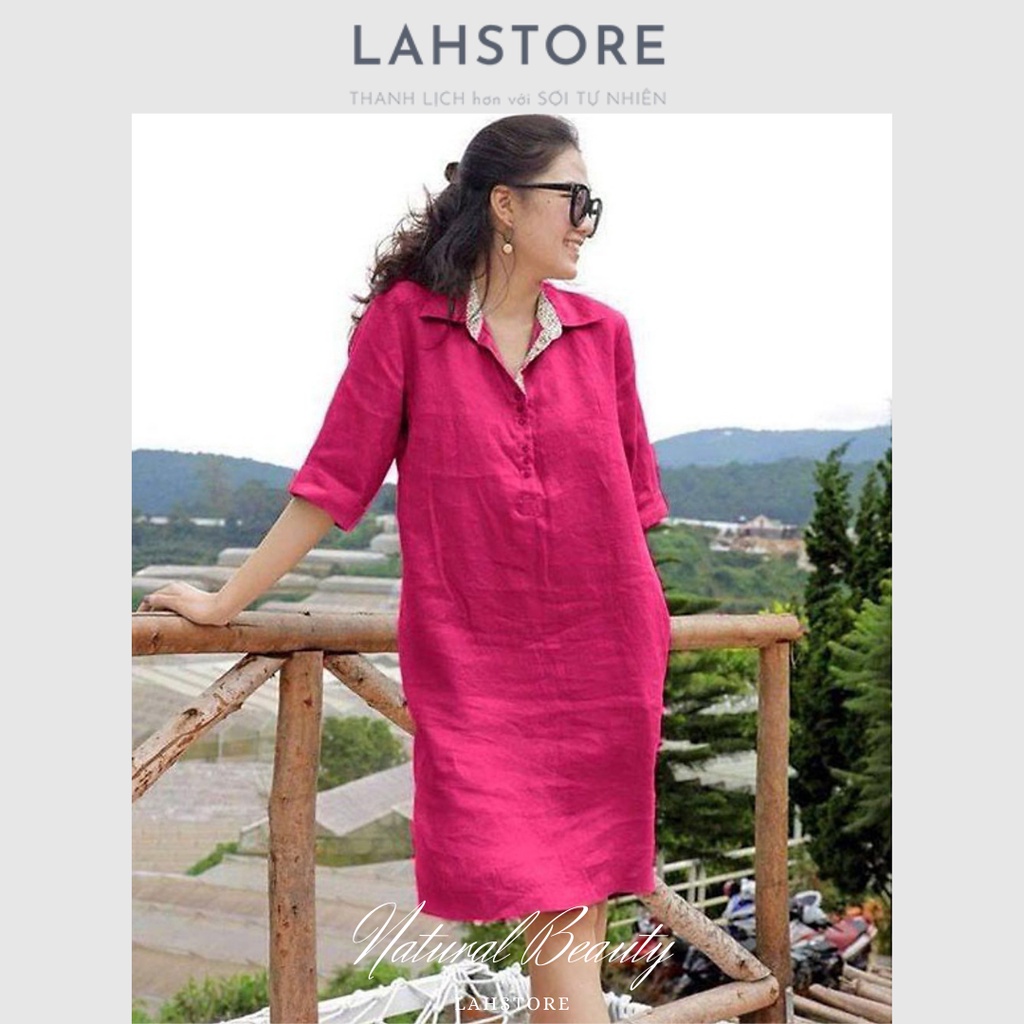 Đầm suông linen cổ sơ mi nẹp pha LAHSTORE, thiết kế cao cấp sang trọng đa dụng