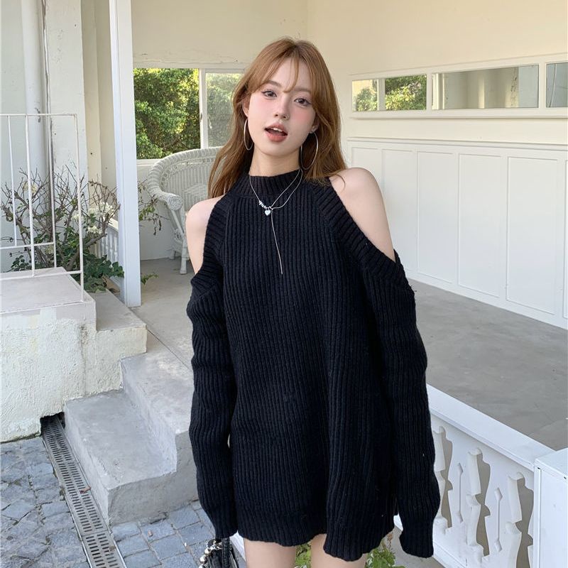 Half-turtleneck off-shoulder sweater women's autumn and winter design sense mid-length loose outerwear sweater top