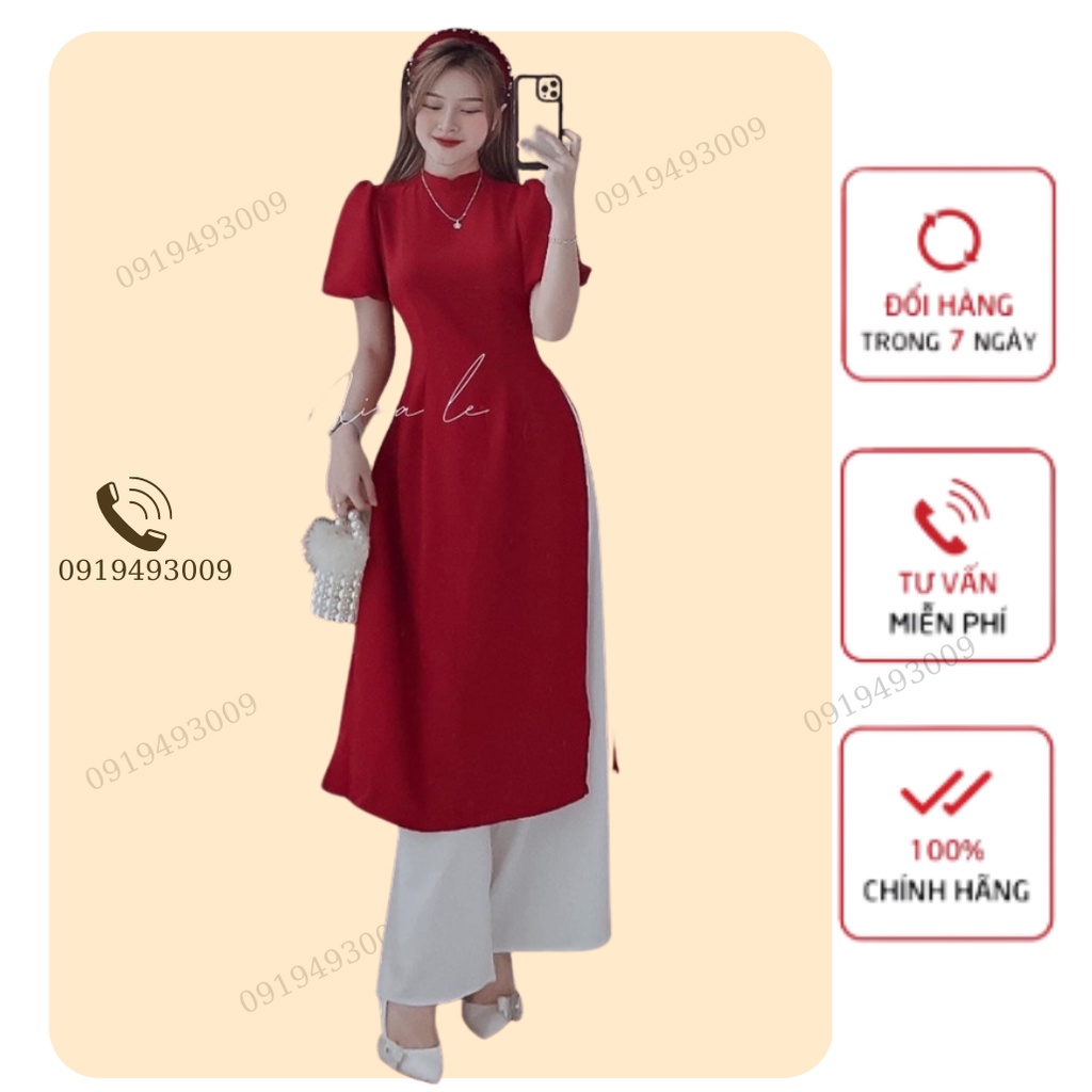 Áo dài TẾT Áo dài cách tân màu đỏ phối quần trắng cổ tàu,thời trang nữ truyền thống việt nam tết LIZ FASHION