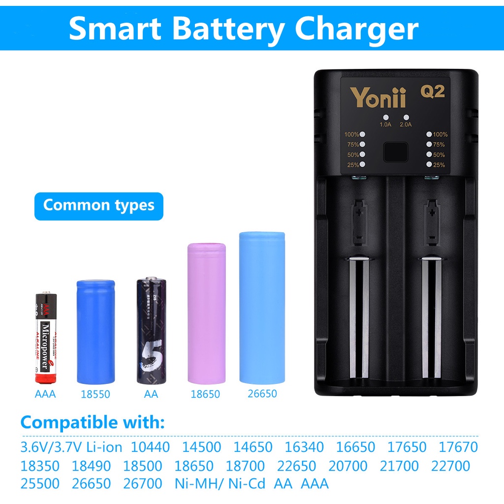 Thiết bị sạc pin WURKKOS Q2 2 khe cắm USB cho 18650 26650 21700 36650