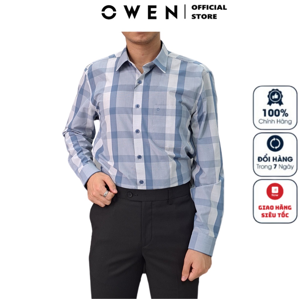 Áo Sơ Mi Dài Tay Nam OWEN AR220852DT Somi Công Sở Vải Sợi Tre Cao Cấp Kẻ caro xanh trắng Dáng Regular Fit Tà Lượn Có Túi