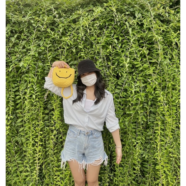 TÚI LEN HANDMADE MĂT CƯỜI . KÈM DÂY ĐEO CHÉO