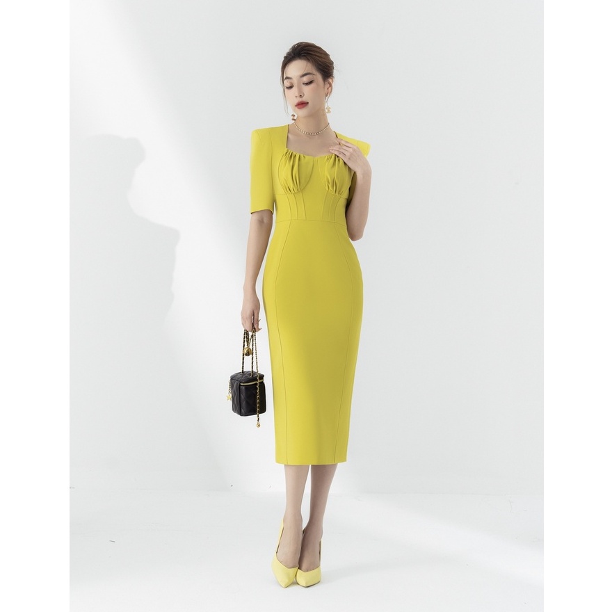 Váy Nữ Chất Liệu Chéo Ý Cộc Tay Cổ Vuông Xếp Ly Ngực Thanh Lịch Công Sở Đi Tiệc Đi Chơi By LEMIA Design - 22V055
