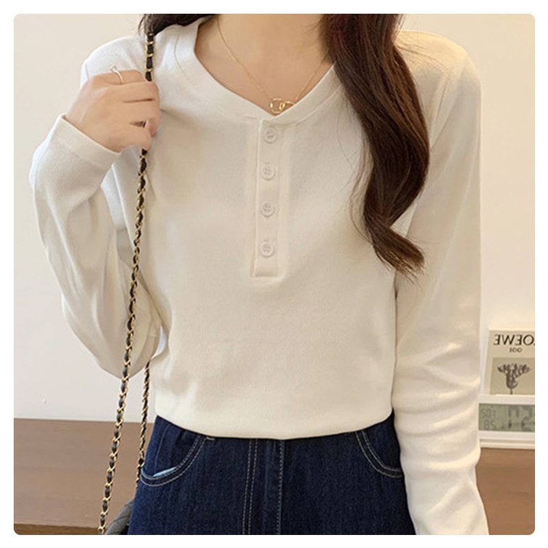 Áo Tay Dài Dày ấm Áp Nữ Có Nút Màu Trơn Co Dãn Phong Cách Hàn Quốc 2 Màu, Áo Dáng Ôm