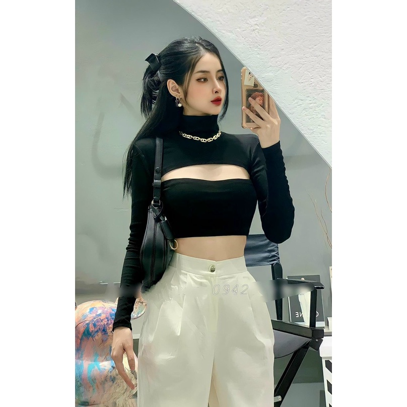 Áo thun kiểu nữ tay dài cổ lọ xẻ ngực kèm xích hàng hot girl siêu đẹp