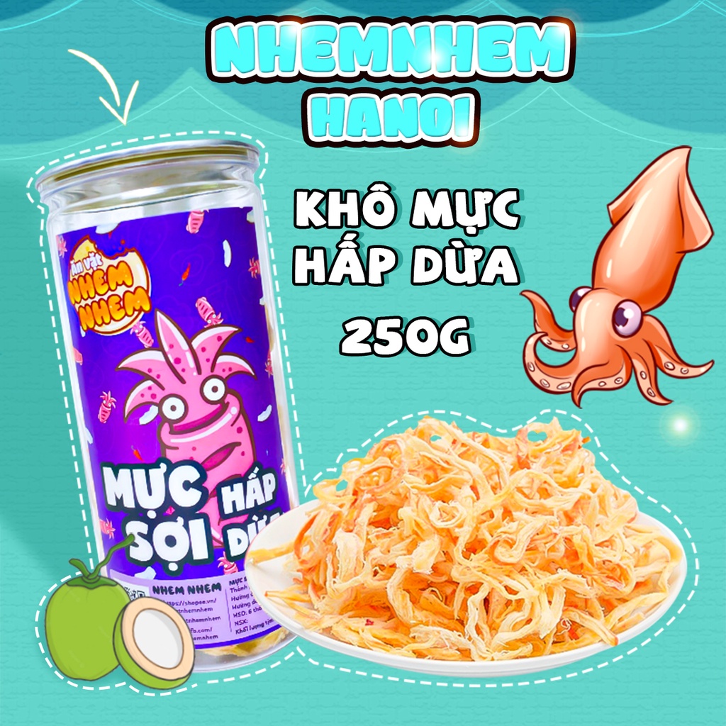 Khô mực xé sợi hấp nước dừa 250g Nhem Nhem hàng mới về tháng 11 năm 2022 đồ ăn vặt Hà Nội vừa rẻ vừa ngon