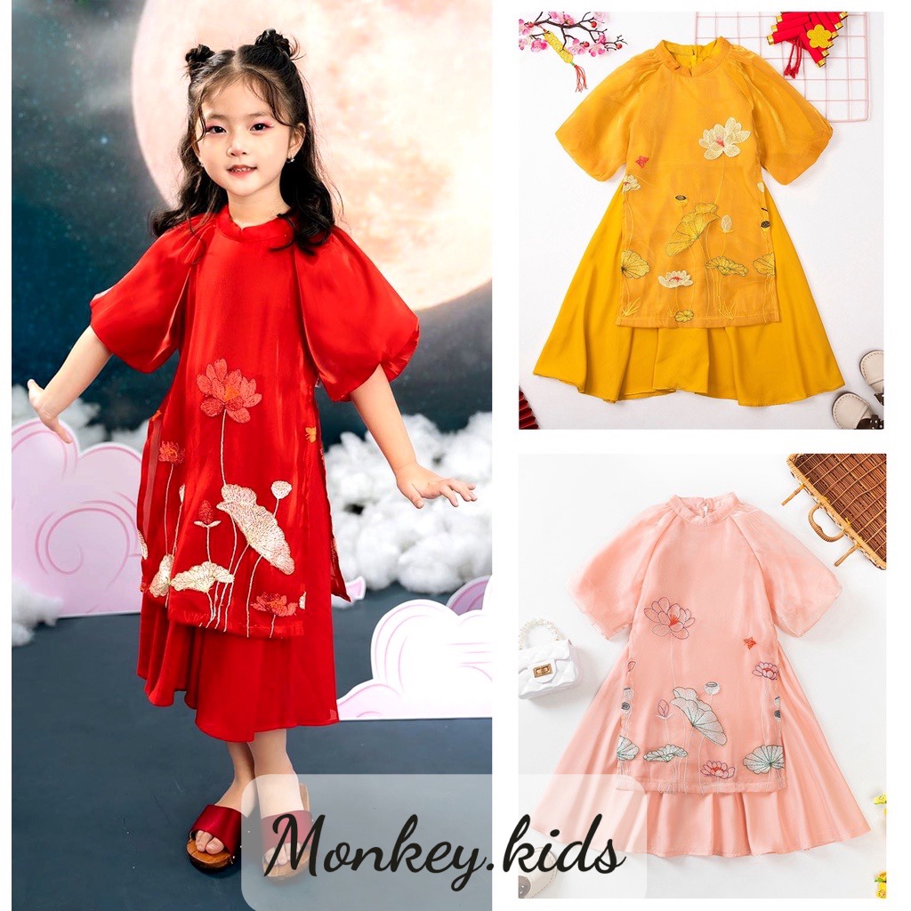Sét áo dài cách tân cho bé gái thêu hoa sen cho trẻ em ful size 2-9 tuổi