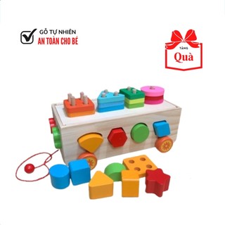 Đồ Chơi Gỗ Xe Kéo Thả Hình Khối Kết Hợp Phân Loại Hình Khối Trên Thanh Bằng Gỗ An Toàn Cho Bé