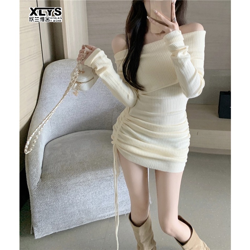 Đầm XINLANYASHE dệt kim tay dài hở vai phối dây rút thời trang quyến rũ cho nữ
