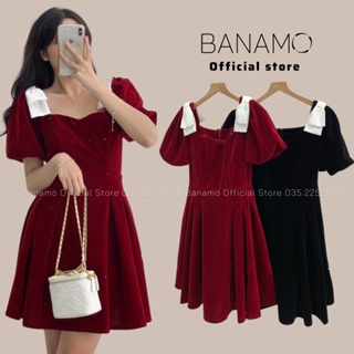Đầm chính hãng Banamo Fashion váy nhung xòe vai nơ trắng 5511