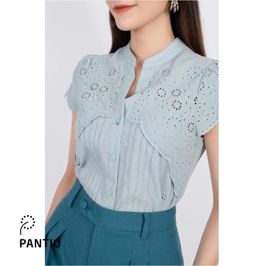 FAS33324 - Áo sơ mi công sở vải thô dáng suông thân xếp mí ngực và tay can vải thêu trang trí - PANTIO