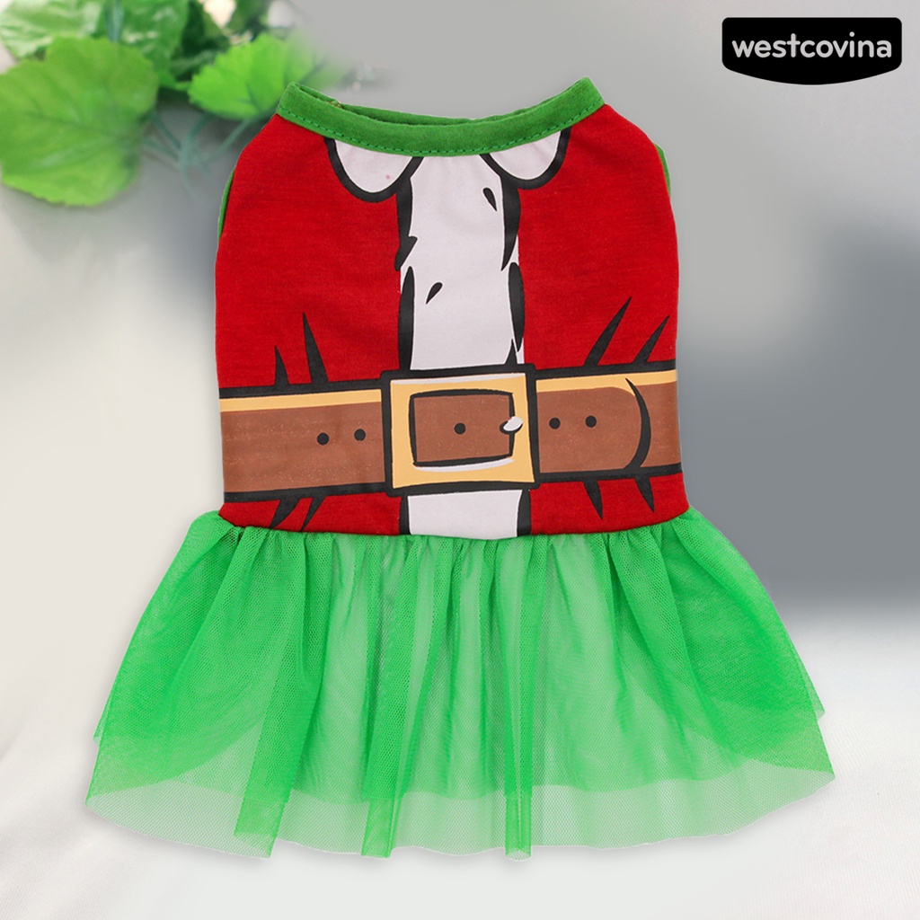 [Hot]♝Đầm Giáng Sinh Phối Lưới In Họa Tiết Dễ Thương Giữ Ấm Thời Trang Cho Cún Cưng
