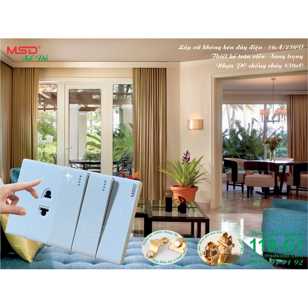 BỘ SẢN PHẨM: 2 CÔNG TẮC  + 1 Ổ CẮM 2 CHẤU - 15A250V  - DÒNG 118G1