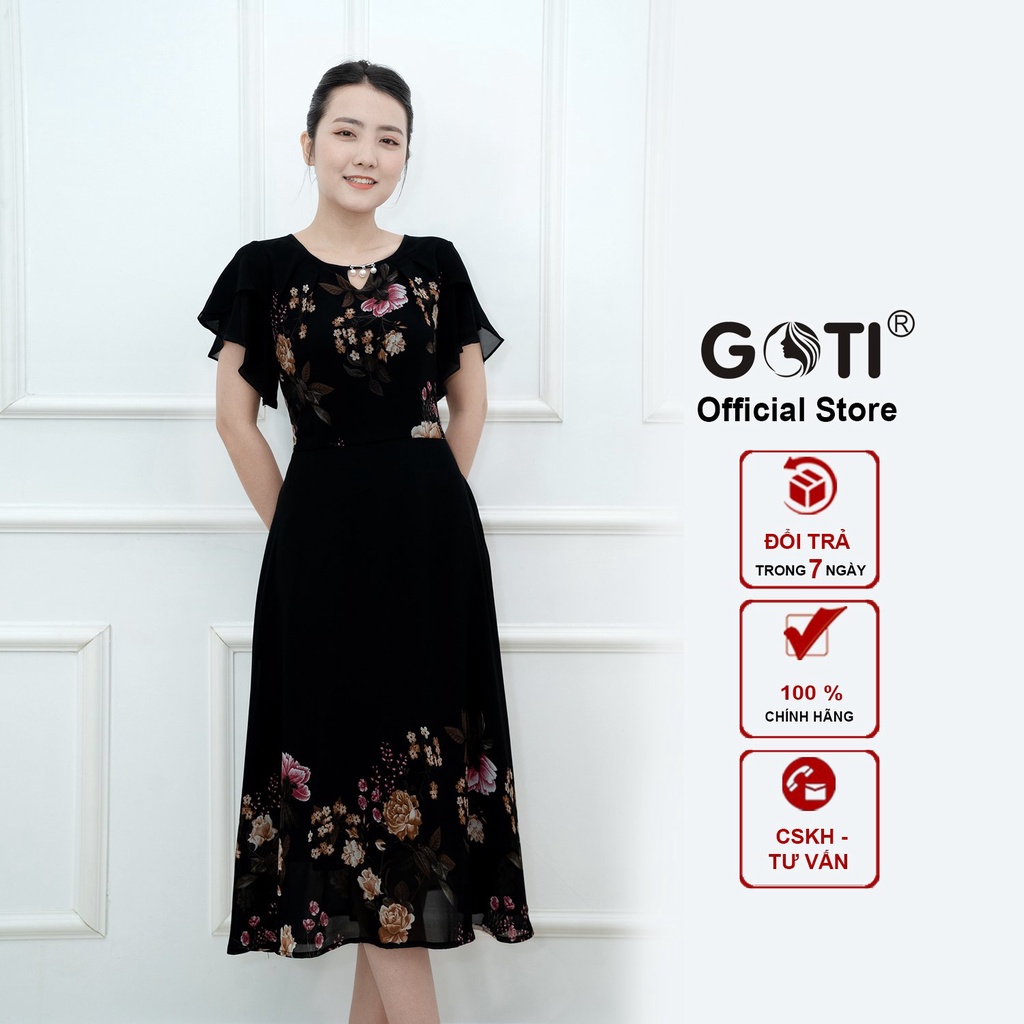 GOTI - Đầm Xòe Dáng Dài Quý Bà Kiều Đầm Xòe Trung Niên Size Lớn In Hoa Có Size Cho Người Mập 3339 3362