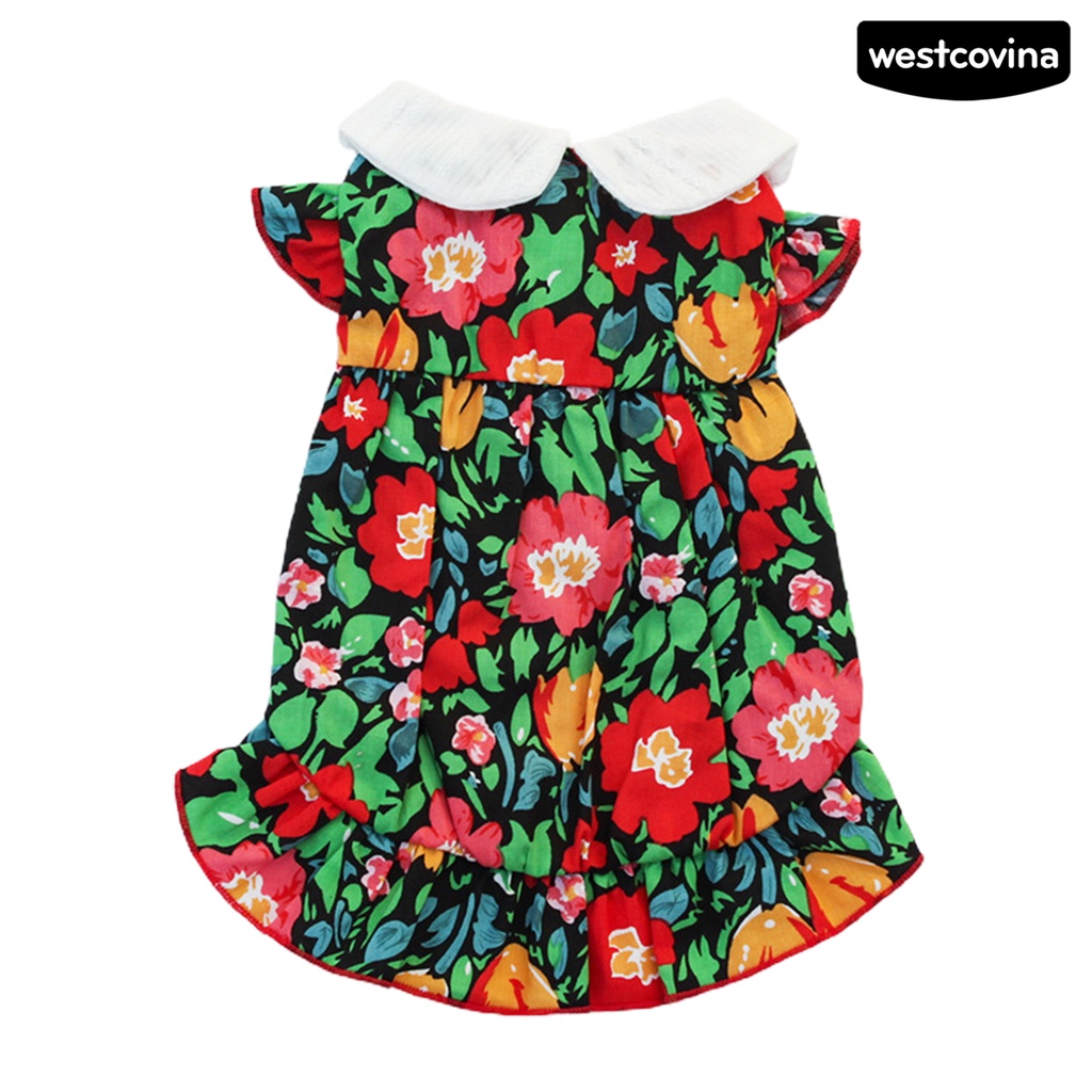[COD]♘Đầm Tay Ngắn Cổ Búp Bê In Hoa Thoáng Khí Thời Trang Cho Thú Cưng