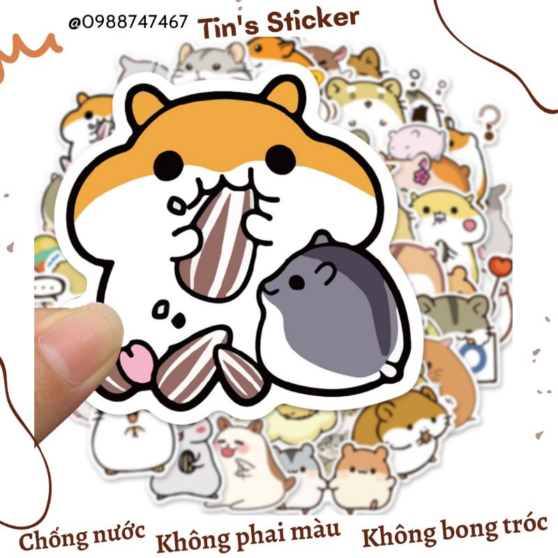 Set combo 50 miếng dán sticker Chuột Hamster đáng yêu dễ thương dán nón mũ bảo hiểm laptop vali sổ sách đàn guitar