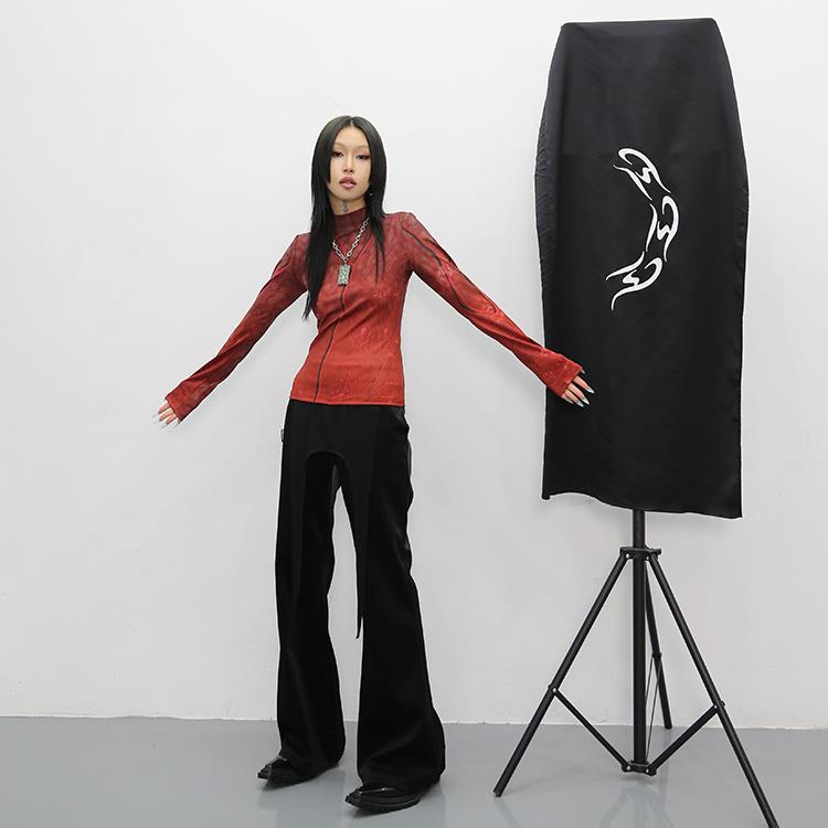 Áo Sơ Mi Cổ Đứng Co Giãn Mẫu Mới 2022 Phong Cách Ngọn Lửa Ma Thuật Rỉ Sét Màu Đỏ Văn Hóa Châu Á Cho