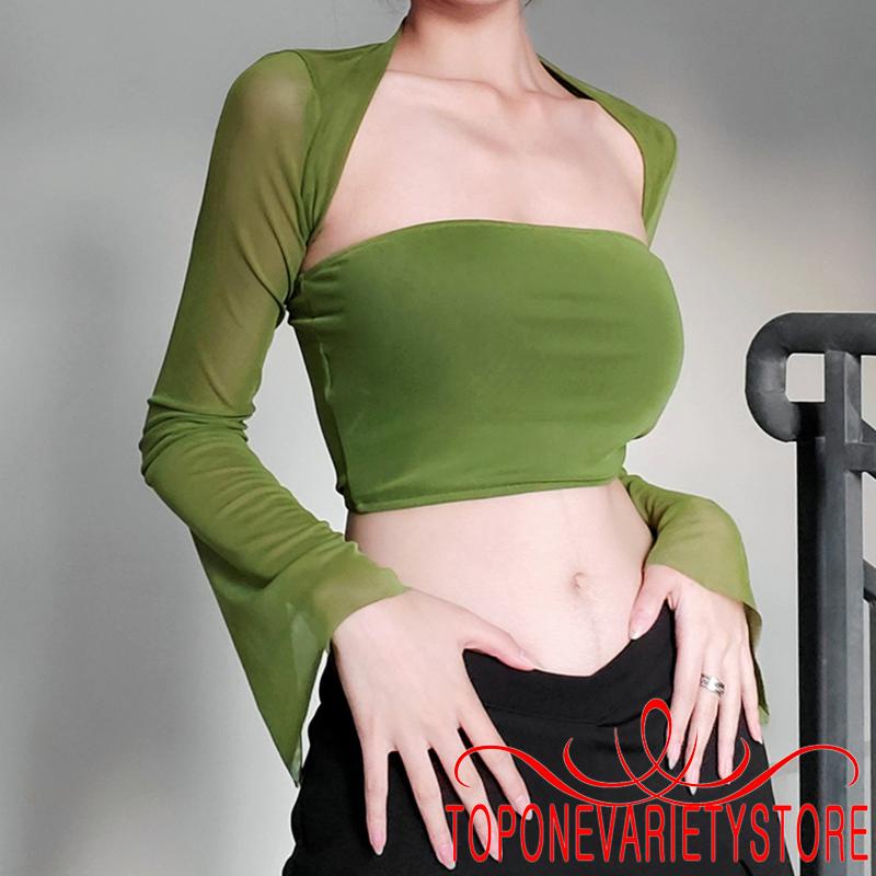 Topone Set Áo Croptop Trễ Vai Không Tay Và Áo Lưới Dài Tay Màu Trơn Thời Trang Đường Phố Cho Nữ