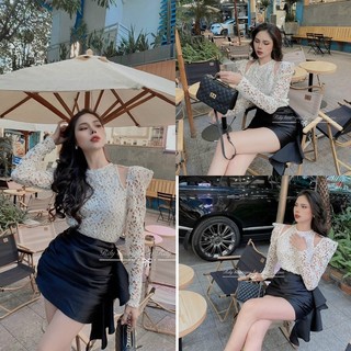 Set trang phục áo sơ mi ren khoét vai và chân váy rúm phối tà