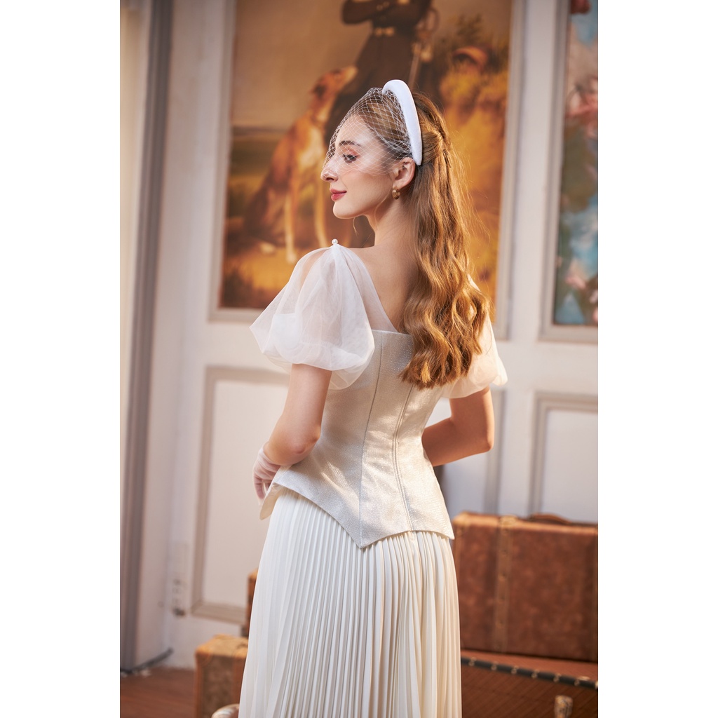 CHICHI - Váy taffta phối lưới bạc, xoè ly dẻ quạt Robe Couronne