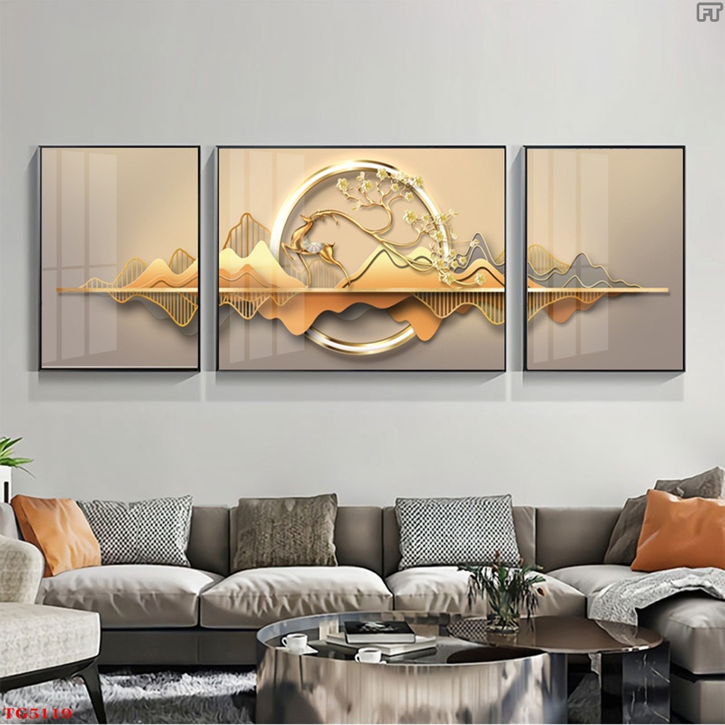 Tranh treo trường hươu tài lộc hiện đại tráng gương