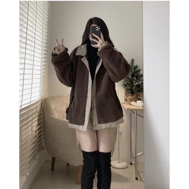 ÁO KHOÁC LÔNG CỪU NÂU ĐẬM PHỐI KẺ CARO SIÊU XINH