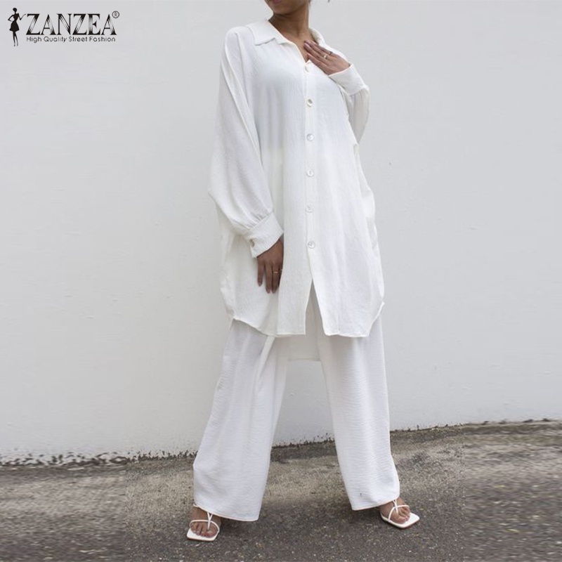 Zanzea Bộ Áo Sơ Mi Dài Tay + Quần ống rộng Lưng Thun Thời Trang Nữ Tính