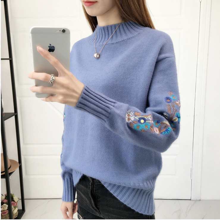 Áo Sweater Dệt Kim Cổ Lọ Thêu Hoa Thời Trang Thu Đông Cho Nữ