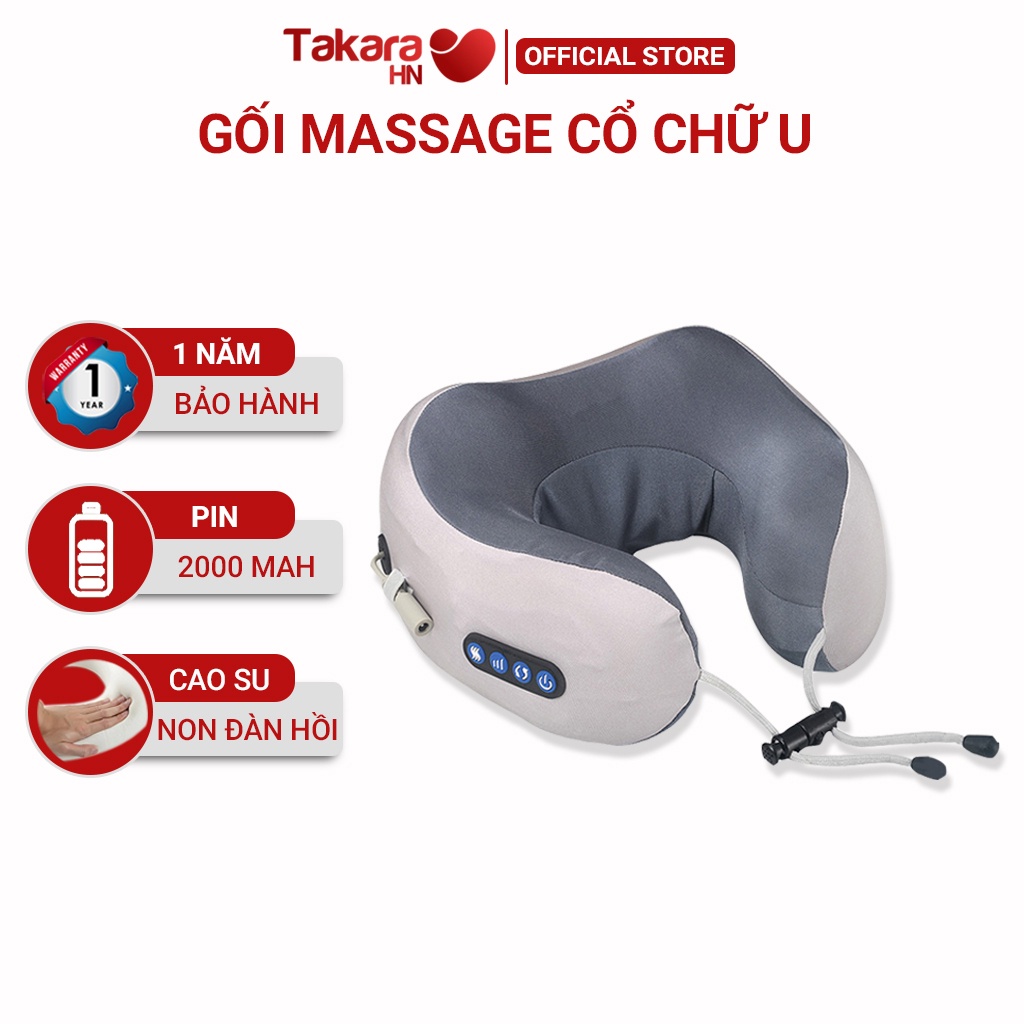 Gối massage cổ vai gáy, máy mát xa hồng ngoại kiêm gối ngủ kê cổ ô tô đi du lịch Takara giảm đau mỏi