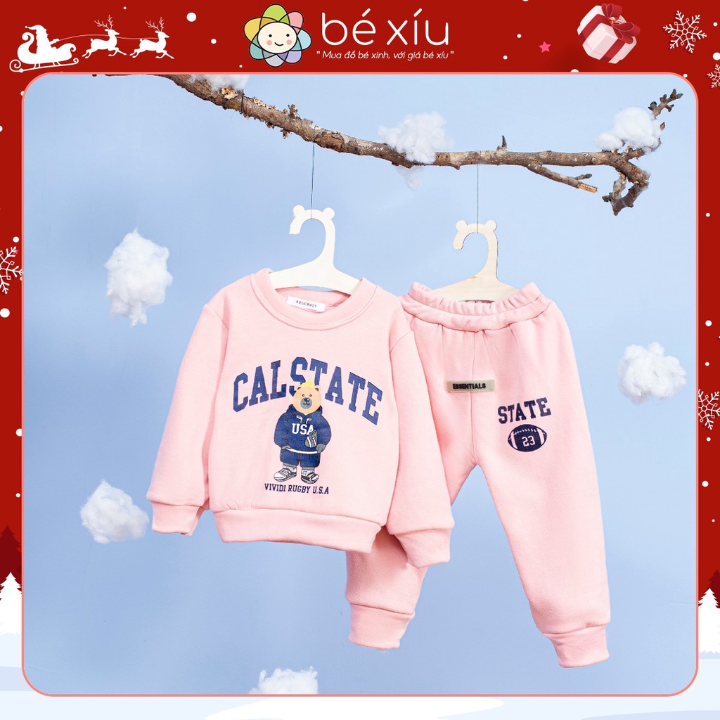 Bộ nỉ cho bé trai bé gái lót lông nhung 5 màu 8-20kg GẤU CALSTATE Đồ bộ quần áo nỉ bé trai bé gái dài tay mùa đông