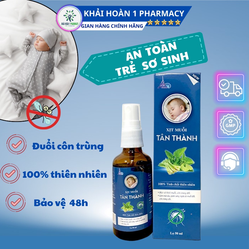 Xịt đuổi muỗi cho trẻ sơ sinh Tân Thành, an toàn cho trẻ và người lớn suất 8h - lọ 50ml