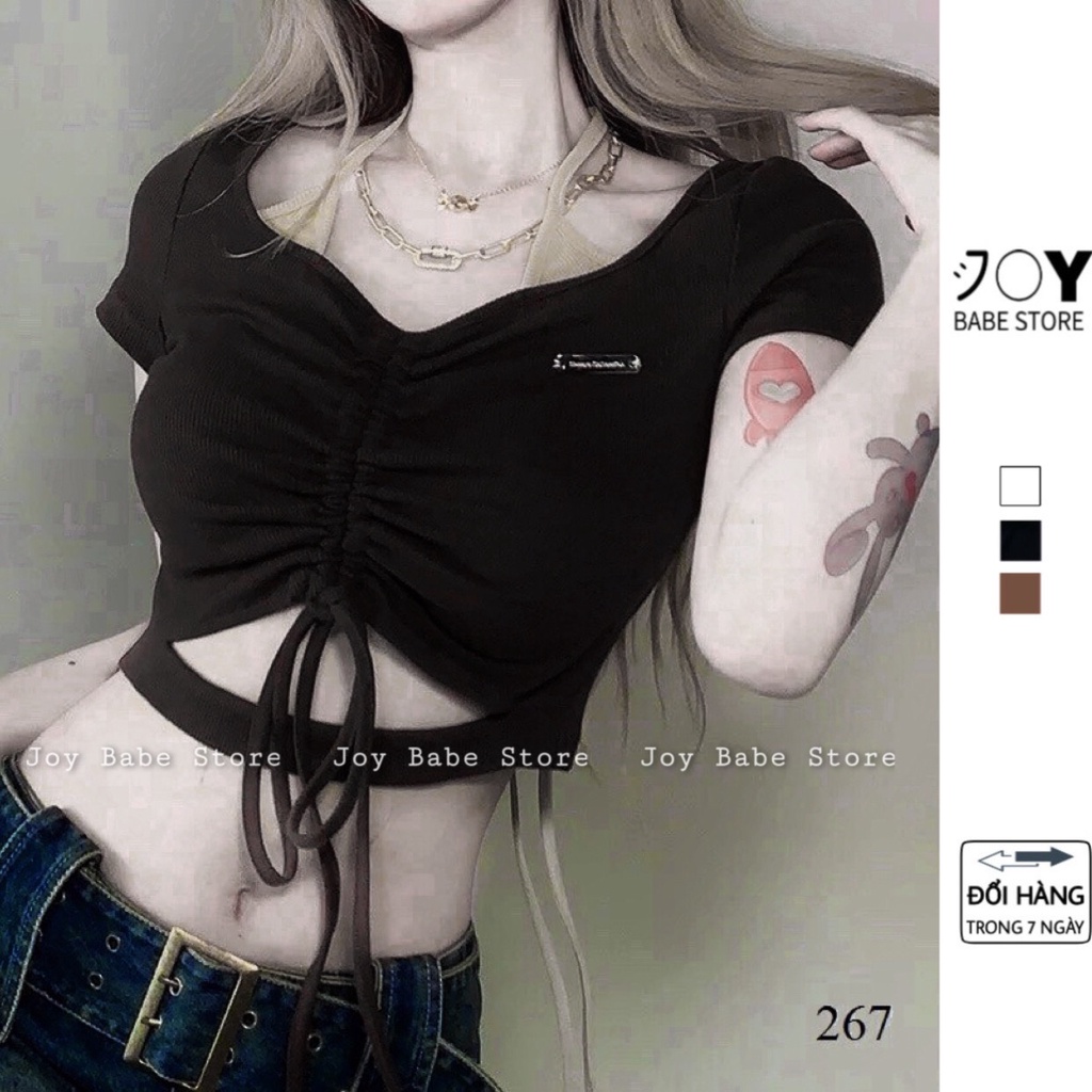 Áo croptop kiểu thun gân JOY BABE 🕸️🕸️ rút dây, giả yếm, sớ vải mịn, crop top nữ tay ngắn hot hit CRON 267 -5E