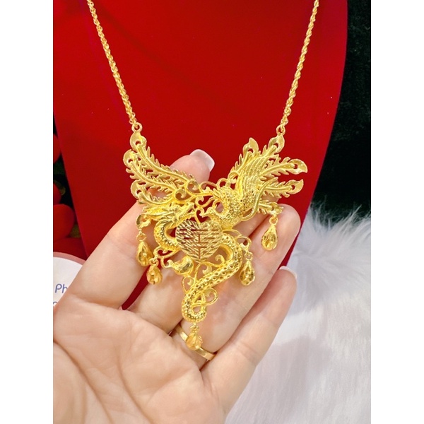 Dây chuyền cưới chạm hình rồng phụng bạc 950 xi mạ vàng 24 cao cấp, chuẩn màu vàng 24 khoá tròn có kí hiệu 999