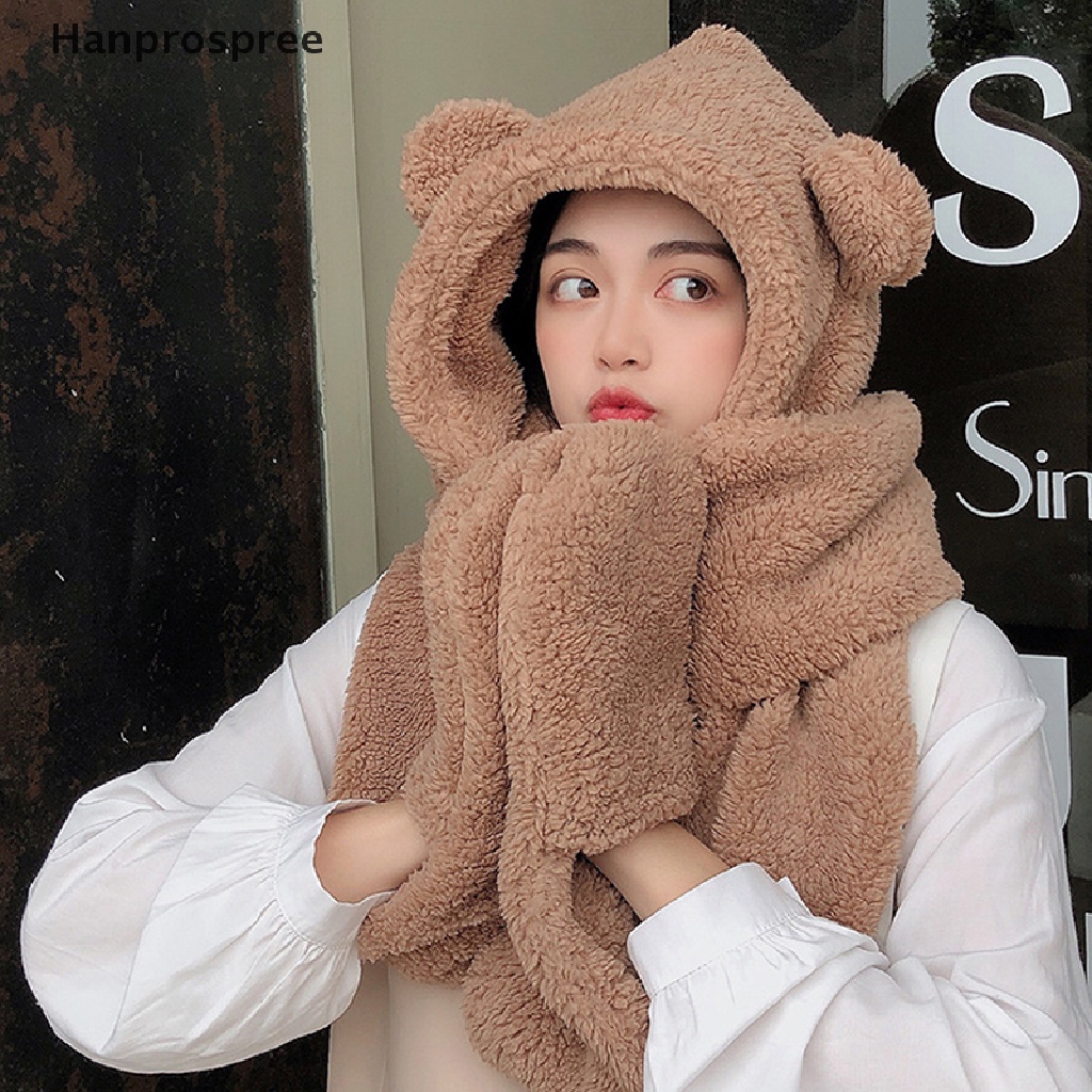 Hanprospree > Set Mũ Beanie Và Khăn Choàng Cổ Tai Gấu Bằng Vải Lông Cừu Màu Trơn Ấm Áp Mùa Đông Giản Dị Dành Cho Bạn Nữ