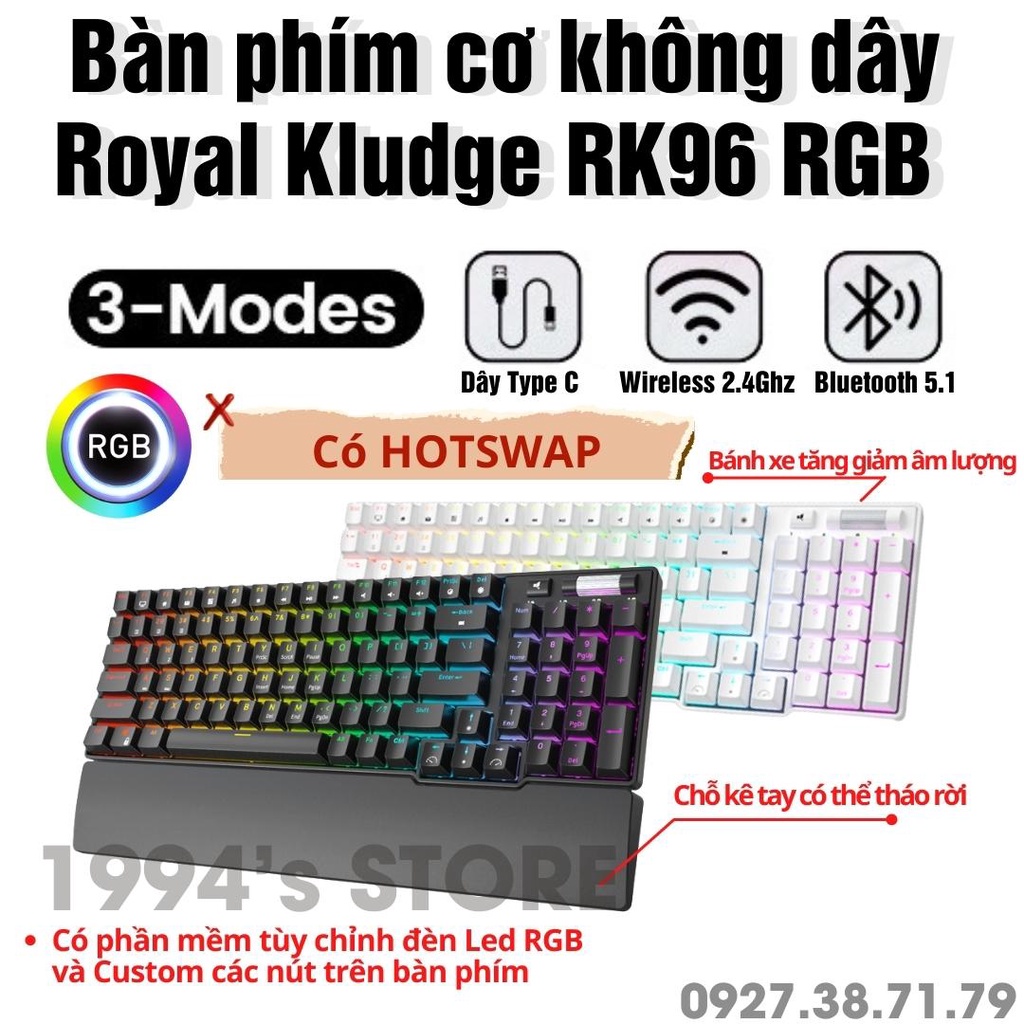 RK96 HOTSWAP - Bàn phím cơ không dây Royal Kludge RK96 kết nối 3 chế độ Bluetooth 5.0 | Wireless 2.4G | Type C